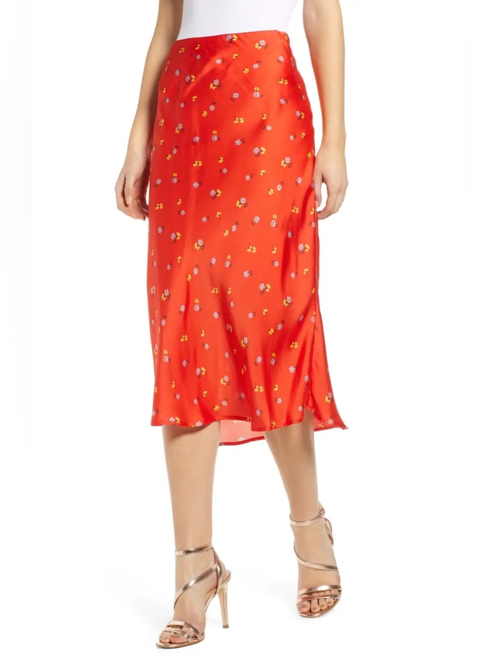 Leith Red Floral Satin Midi Skirt